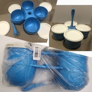 Tupperware Blue Condiment Server 4 Mini Bowls with Lids for Salsa, Cream, Chips